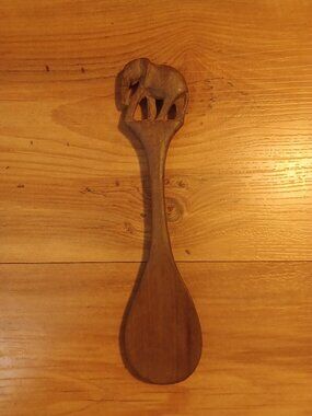 Solid Wood Serving Spoon With Carved Elephant On top